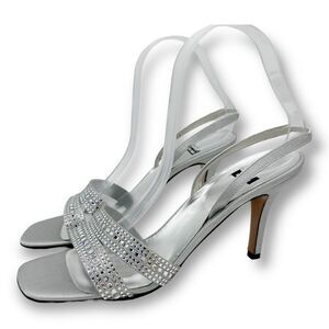 Stuart Weitzman‎ Silver Leather Crystal Beaded Sling Back Heels Size 10 AA NWB